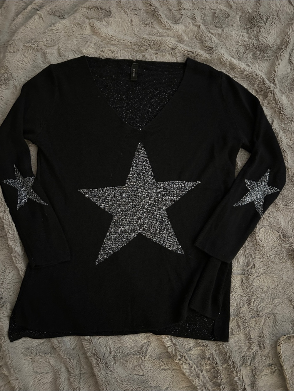 Venti6 Black V-Neck Star Sweater with Silver Sparkle M/L